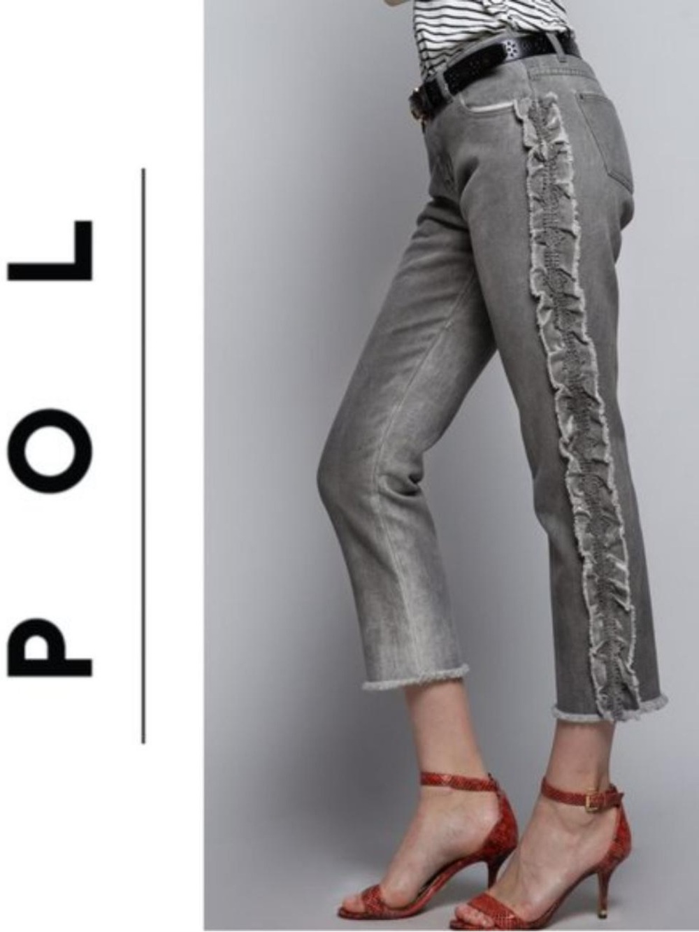 POL Gray Side Lace Ruffle Mid Rise Raw Hem Boho Cropped Straight Leg Jeans